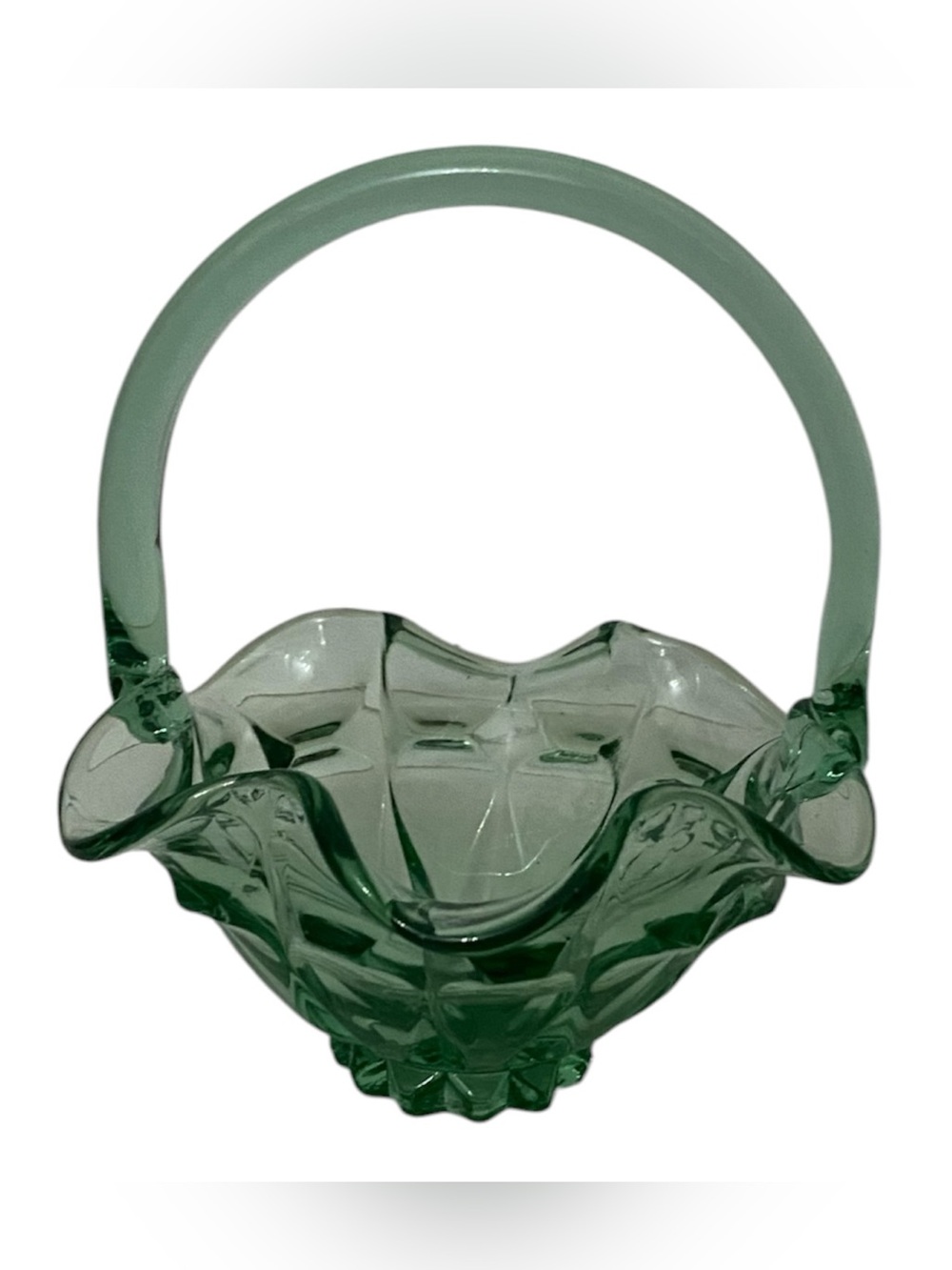 Vintage 1990s FENTON Green Glass Basket Ruffled Candy Dish with Handle